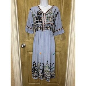 Shineflow Blue Short Sleeve Embroidered Floral Pleated Midi A Line Dress Medium